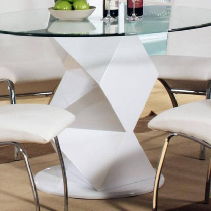 Rowley Round Glass Dining Table with High Gloss White Pedestal and 4 White Chairs - White Tree Furniture