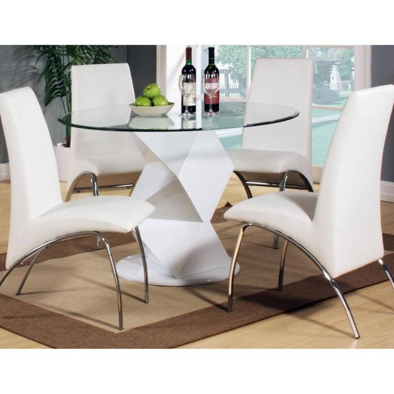 Rowley Round Glass Dining Table with High Gloss White Pedestal and 4 White Chairs - White Tree Furniture