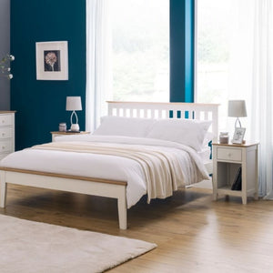 SALERNO Two Tone Shaker Style Bed in Ivory & Oak Finish, double size in a modern bedroom with white bedding, matching nightstands, and oak accents.