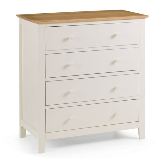 SALERNO Shaker Style 4 Drawer Dresser in Ivory & Oak Finish featuring a compact design with four spacious drawers and a sturdy oak top. Perfect for bedroom storage and organization.