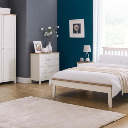 SALERNO Shaker Style 4 Drawer Dresser in Ivory & Oak Finish featuring a compact design with four spacious drawers and a sturdy oak top. Perfect for bedroom storage and organization.