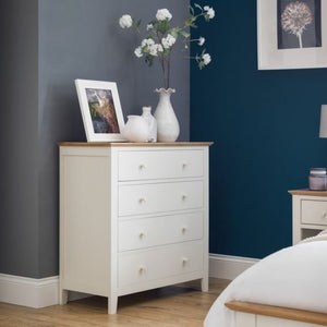 SALERNO Shaker Style 4 Drawer Dresser in Ivory & Oak Finish featuring a compact design with four spacious drawers and a sturdy oak top. Perfect for bedroom storage and organization.