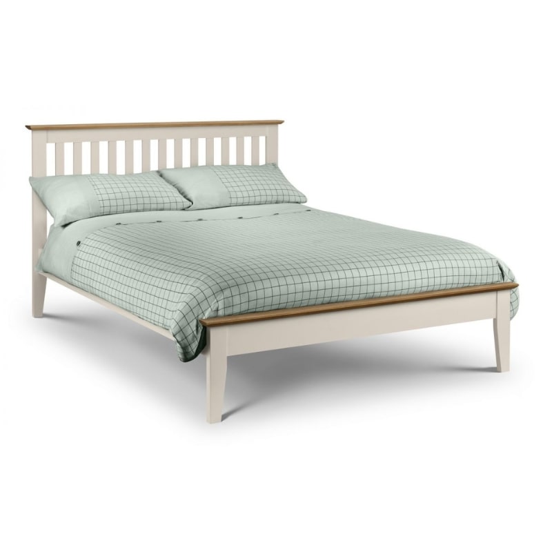 SALERNO Two Tone Shaker Style Bed in Ivory & Oak Finish, double size with slatted headboard, durable oak frame, and green checkered bedding.