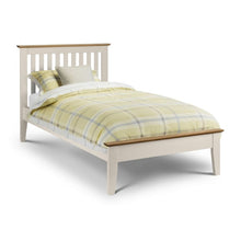 SALERNO Two Tone Shaker Style Bed in Ivory & Oak Finish, single size with slatted headboard, sturdy oak frame, and yellow plaid bedding.