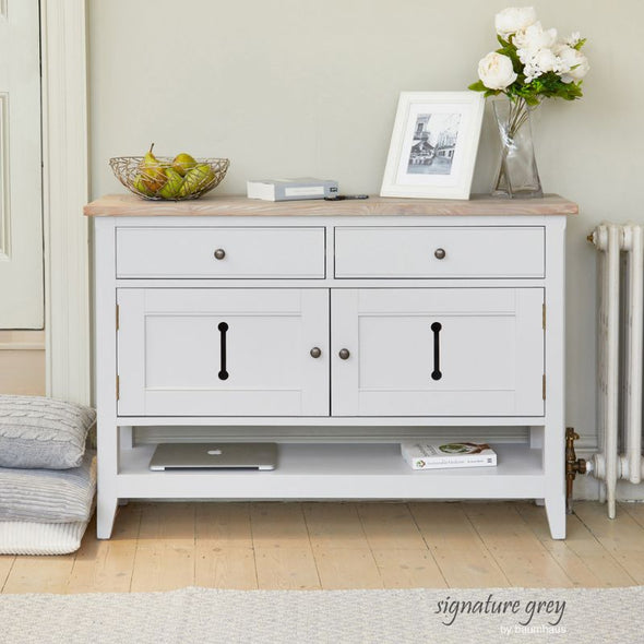 BAUMHAUS Signature Grey Console Sideboard w/ Limed Wood Top CFF02B - White Tree Furniture