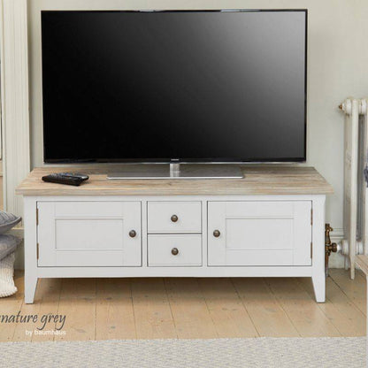 Baumhaus Signature Grey Widescreen TV Unit with Limed Wood Top CFF09A - White Tree Furniture