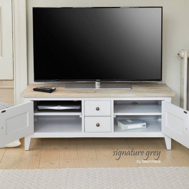 Baumhaus Signature Grey Widescreen TV Unit with Limed Wood Top CFF09A - White Tree Furniture