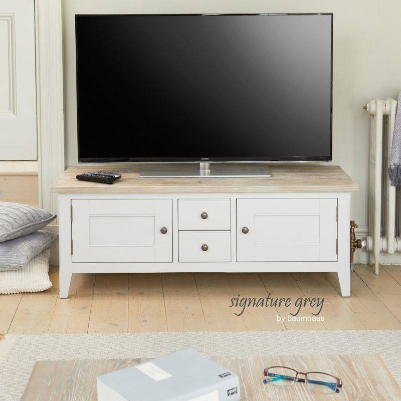 Baumhaus Signature Grey Widescreen TV Unit with Limed Wood Top CFF09A - White Tree Furniture