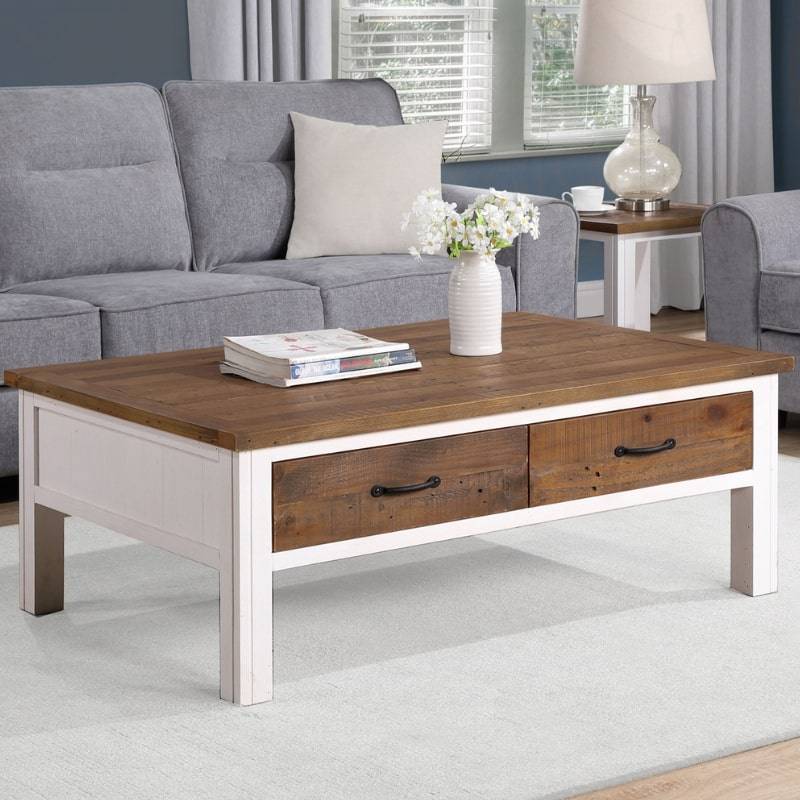 Baumhaus Splash of White Reclaimed Coffee Table w/ 4 Drawers in Distressed White & Natural Wood VTTW08A - White Tree Furniture