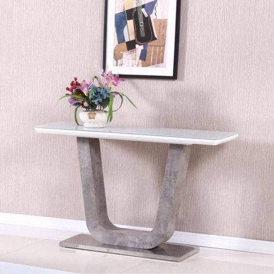 Topaz White Tempered Glass Top Console Table w/ Stone Effect Pedestal - White Tree Furniture