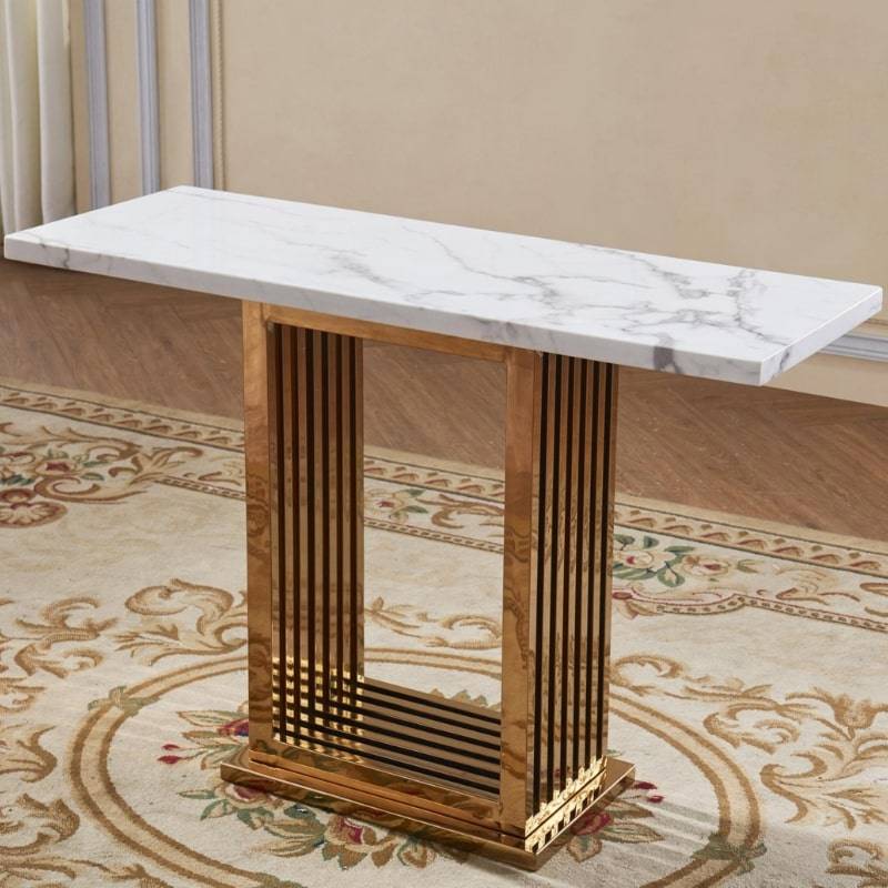 Tuscany Marble Console Table w/ Stainless Steel Pedestal in Rose Gold Colour - White Tree Furniture