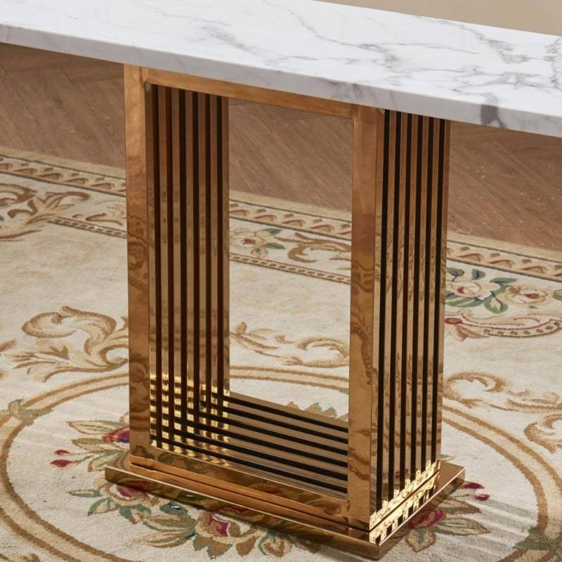 Tuscany Marble Console Table w/ Stainless Steel Pedestal in Rose Gold Colour - White Tree Furniture