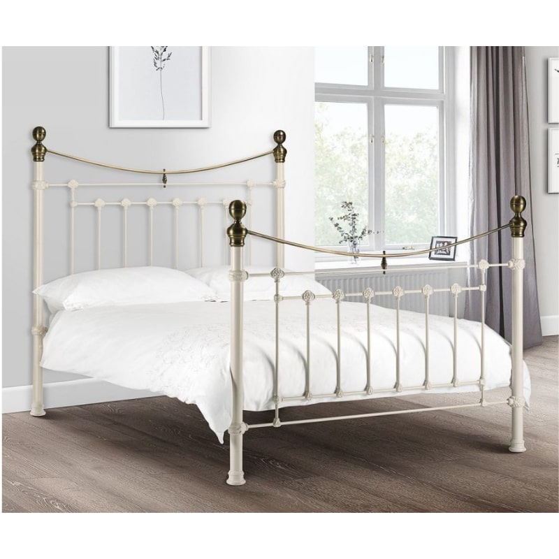 VICTORIA Antique Metal Bedstead in Stone White & Brass Finish