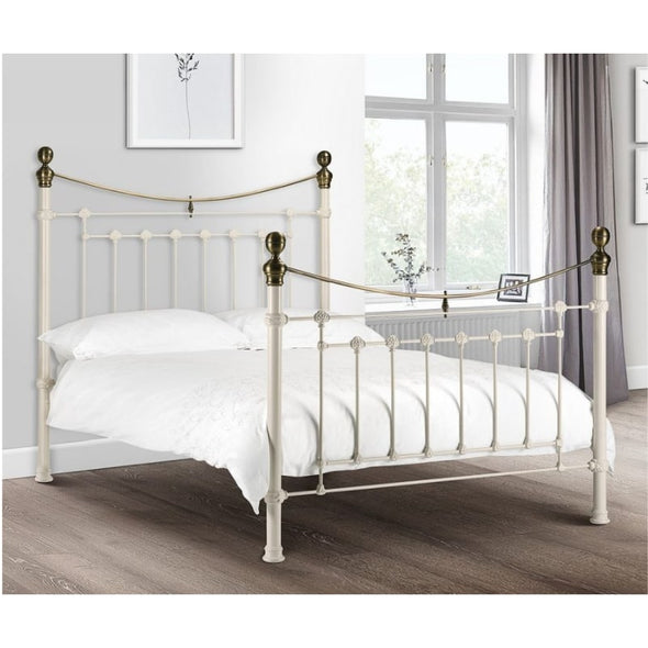 VICTORIA Antique Metal Bedstead in Stone White & Brass Finish