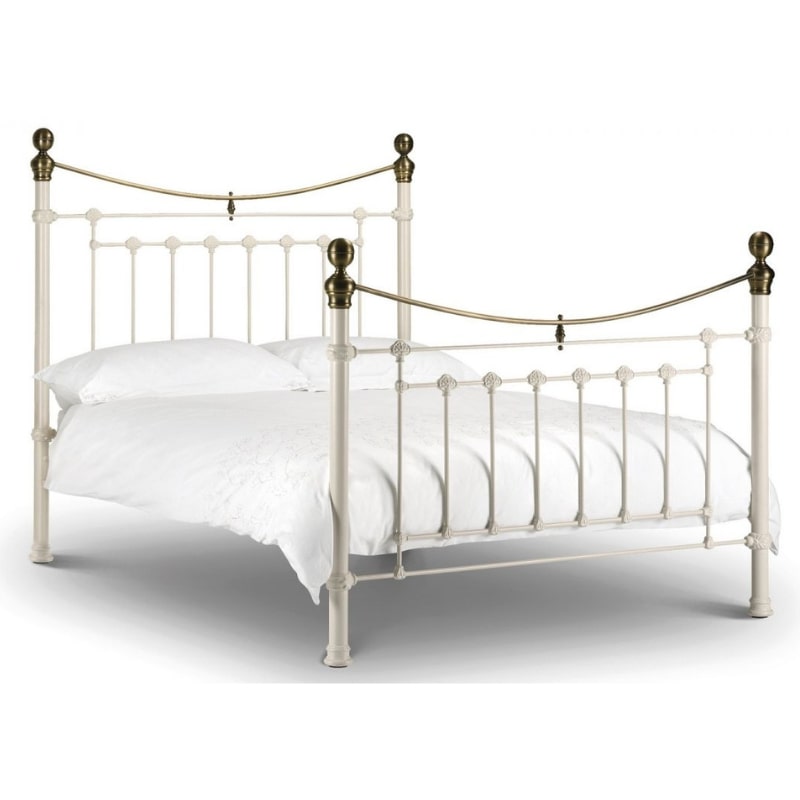 VICTORIA Antique Metal Bedstead in Stone White & Brass Finish