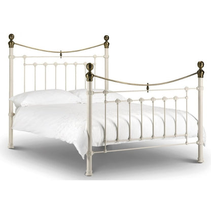 VICTORIA Antique Metal Bedstead in Stone White & Brass Finish