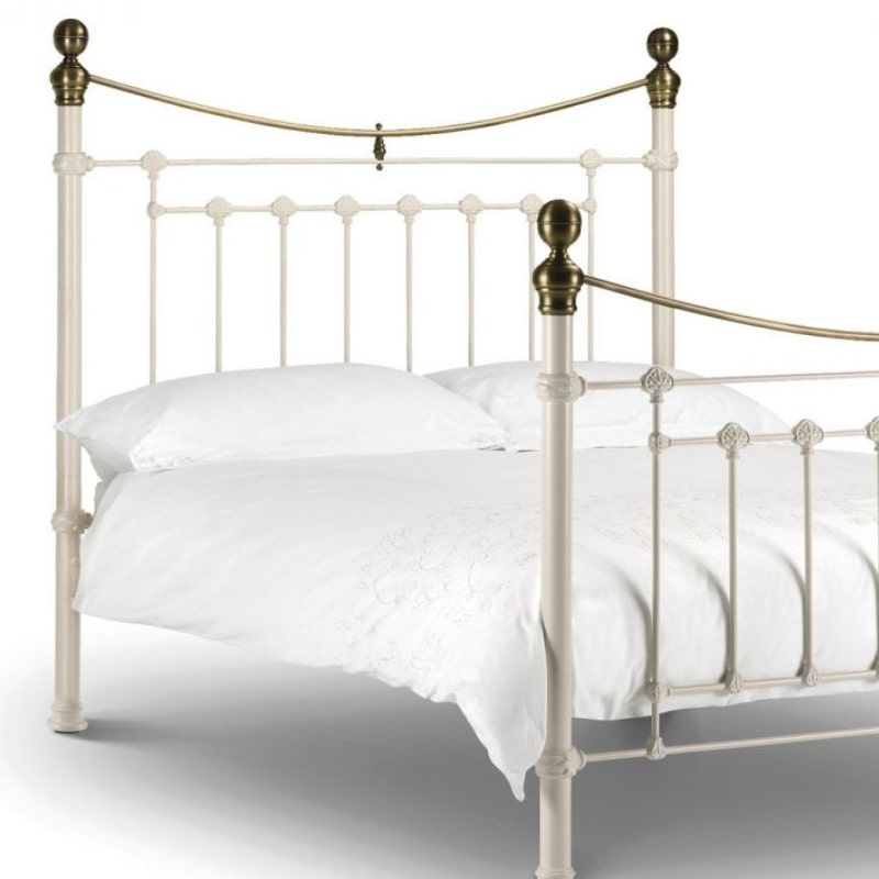 VICTORIA Antique Metal Bedstead in Stone White & Brass Finish