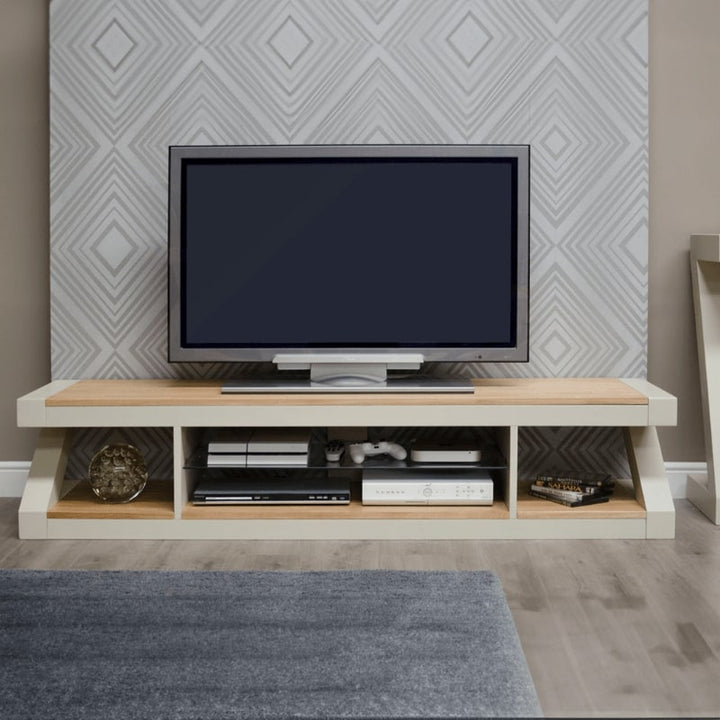 Z Shaped 180cm TV Cabinet in Painted Pine and Oak - White Tree Furniture