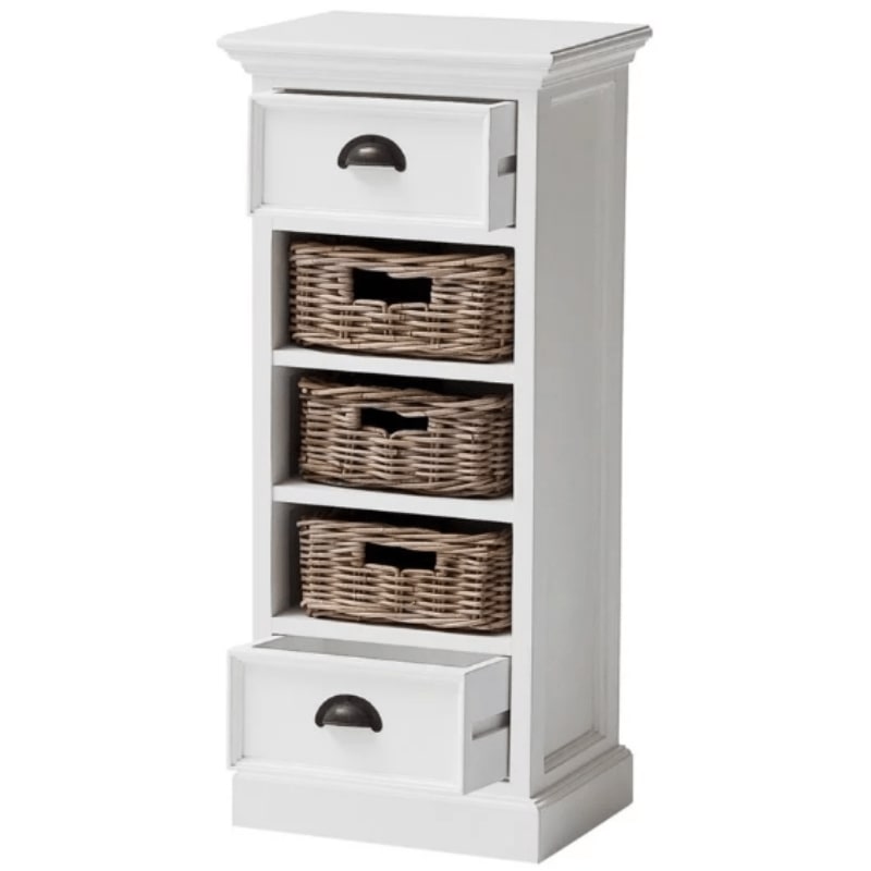 Halifax White Painted Narrow Tallboy Chest of Drawers with Rattan Baskets - White Tree Furniture