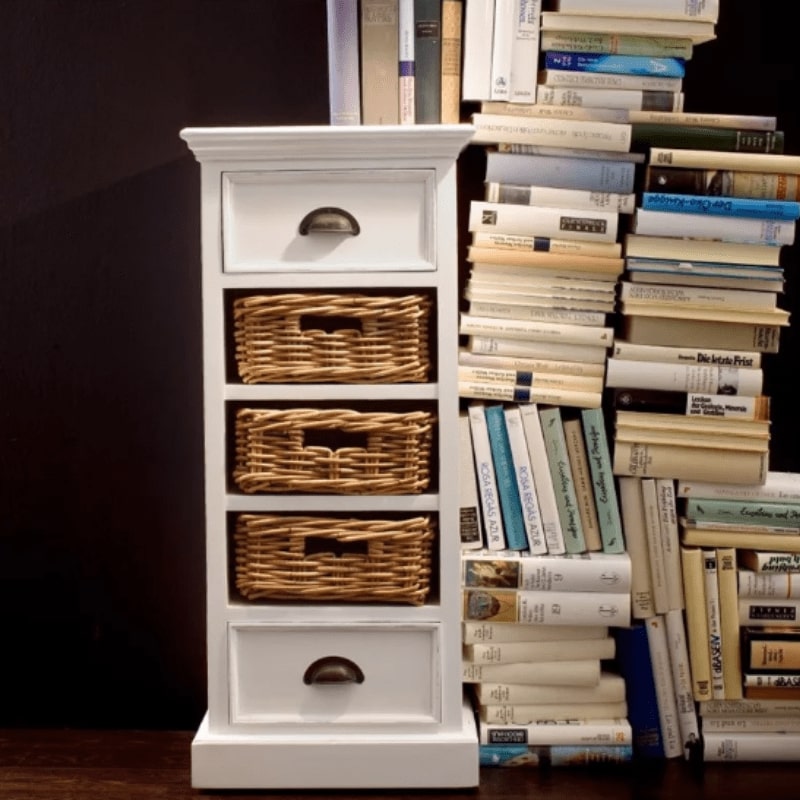 Halifax White Painted Narrow Tallboy Chest of Drawers with Rattan Baskets - White Tree Furniture