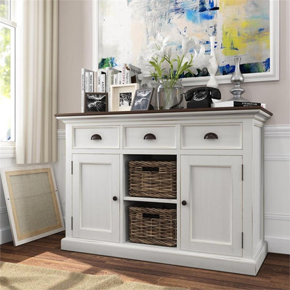 NOVASOLO Halifax Accent Distressed White Sideboard with Rattan Baskets B129TWD - White Tree Furniture