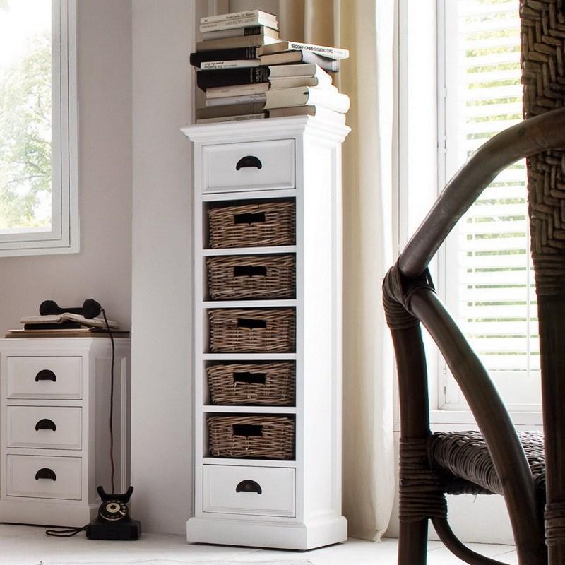 Halifax White Painted Tall Narrow Storage with 5 Rattan Baskets CA583 - White Tree Furniture